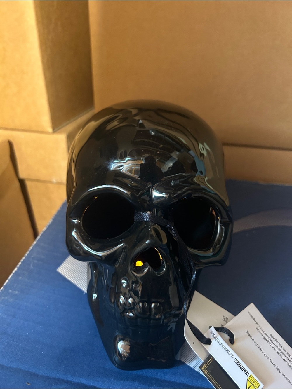 Glossy Black Ceramic Skull Accent with multi color lights